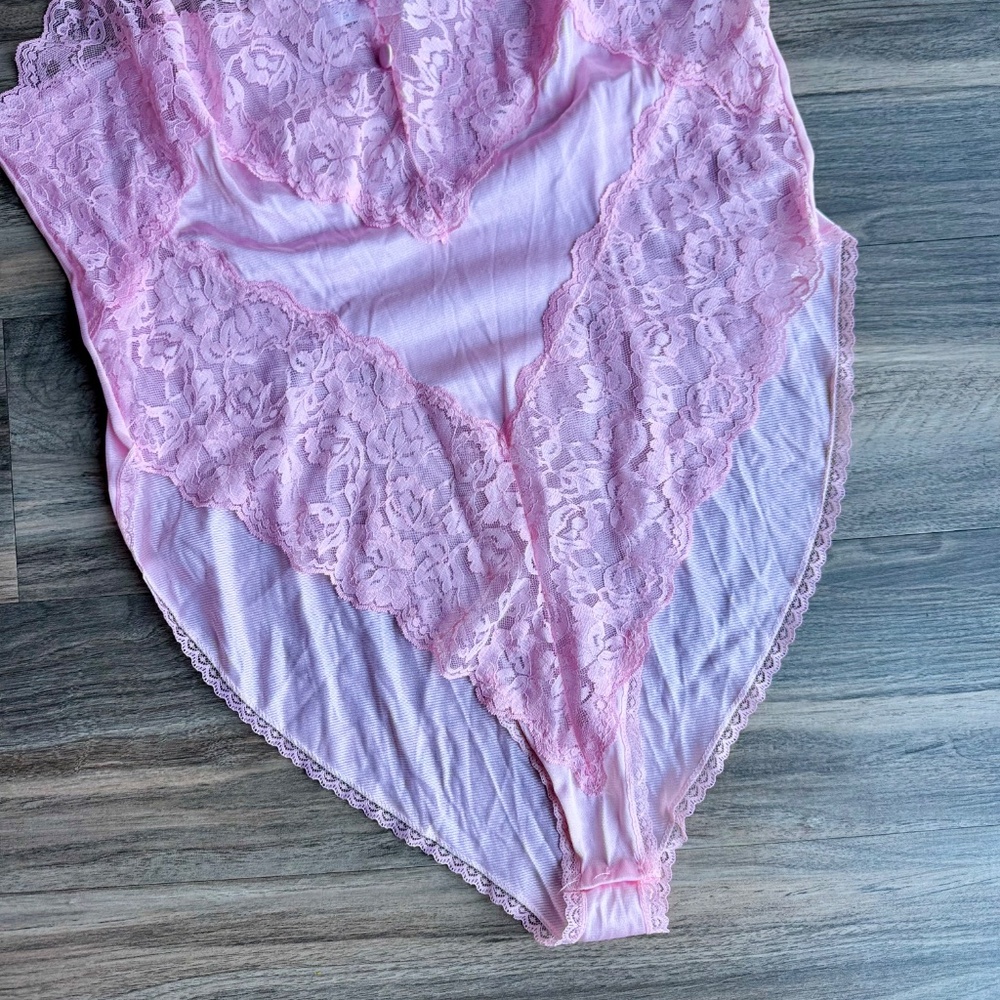 Coquette 90s Delicates Light Pink Lace Teddy High Cut Sheer Mesh‎ Lingerie - Picture 4 of 13